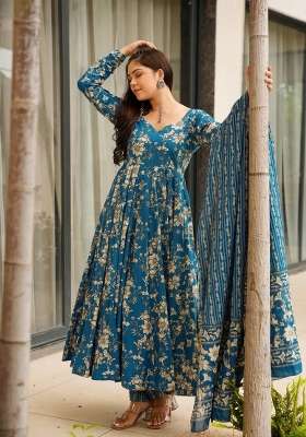Blue Printed Muslin Kurta Set