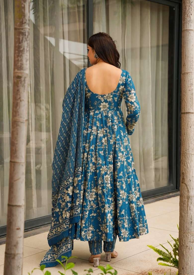 Blue Printed Muslin Kurta Set - Indya
