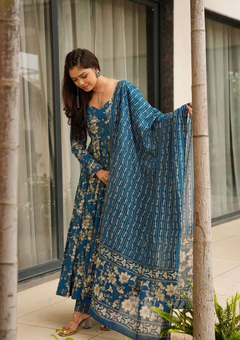 Blue Printed Muslin Kurta Set - Indya