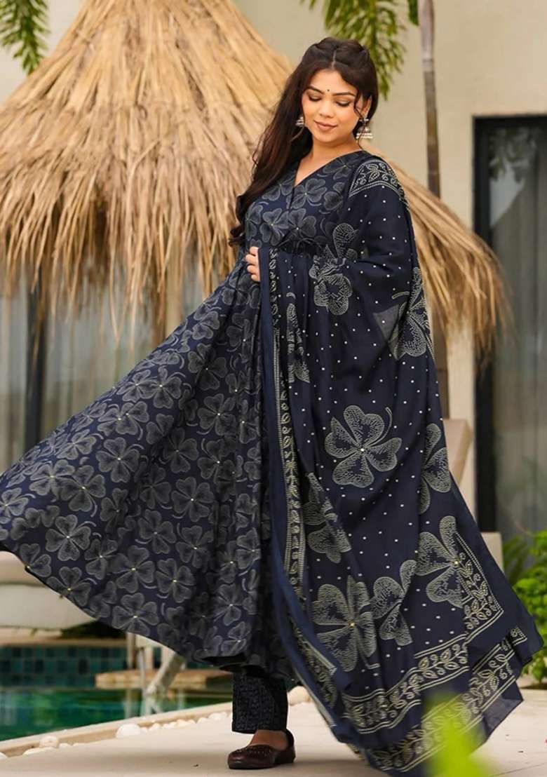 Blue Printed Muslin Kurta Set - Indya