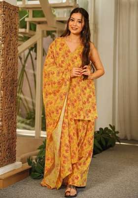 Mustard Printed Cotton Kurta Set