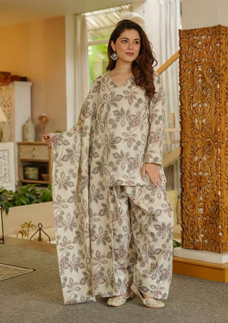 Cream Printed Cotton Kurta Set - Indya