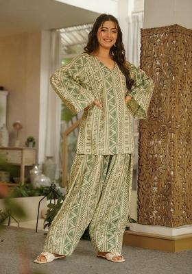 Green Printed Cotton Kurta Set