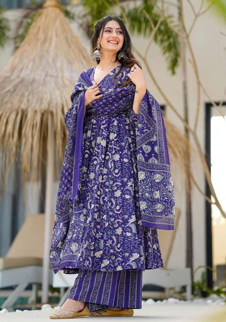 Blue Printed Muslin Kurta Set - Indya