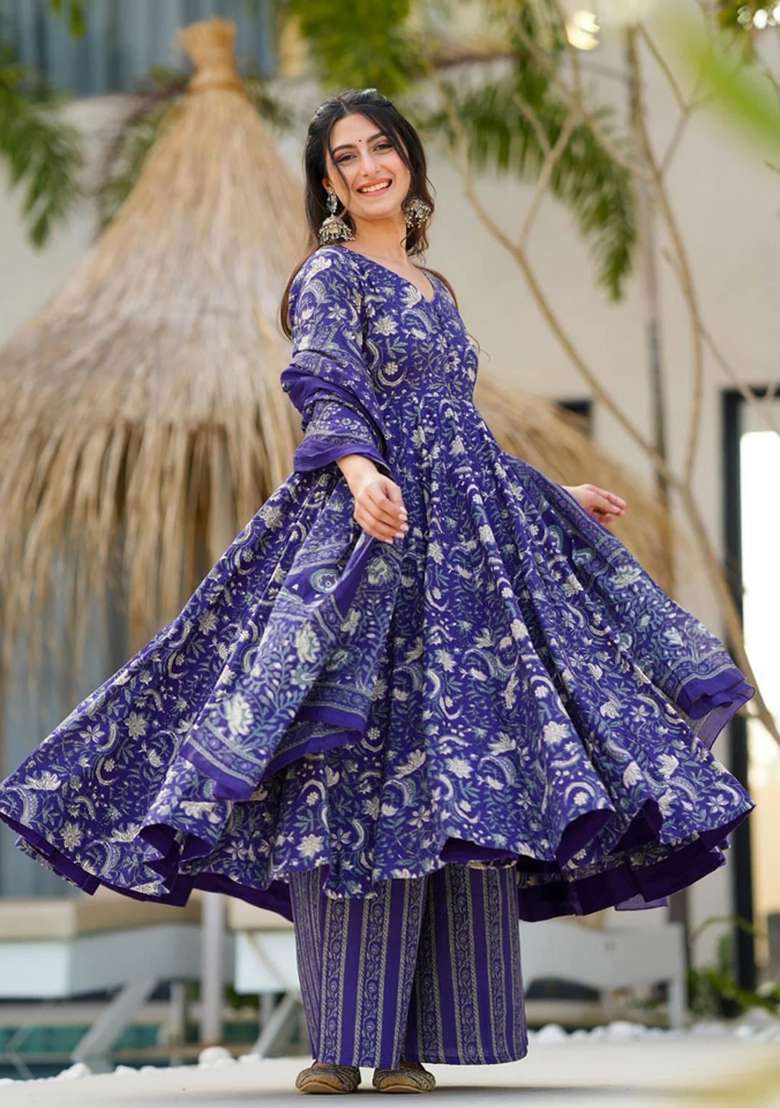 Blue Printed Muslin Kurta Set - Indya