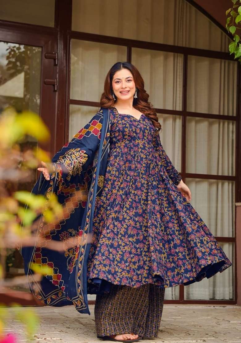 Blue Printed Muslin Kurta Set - Indya