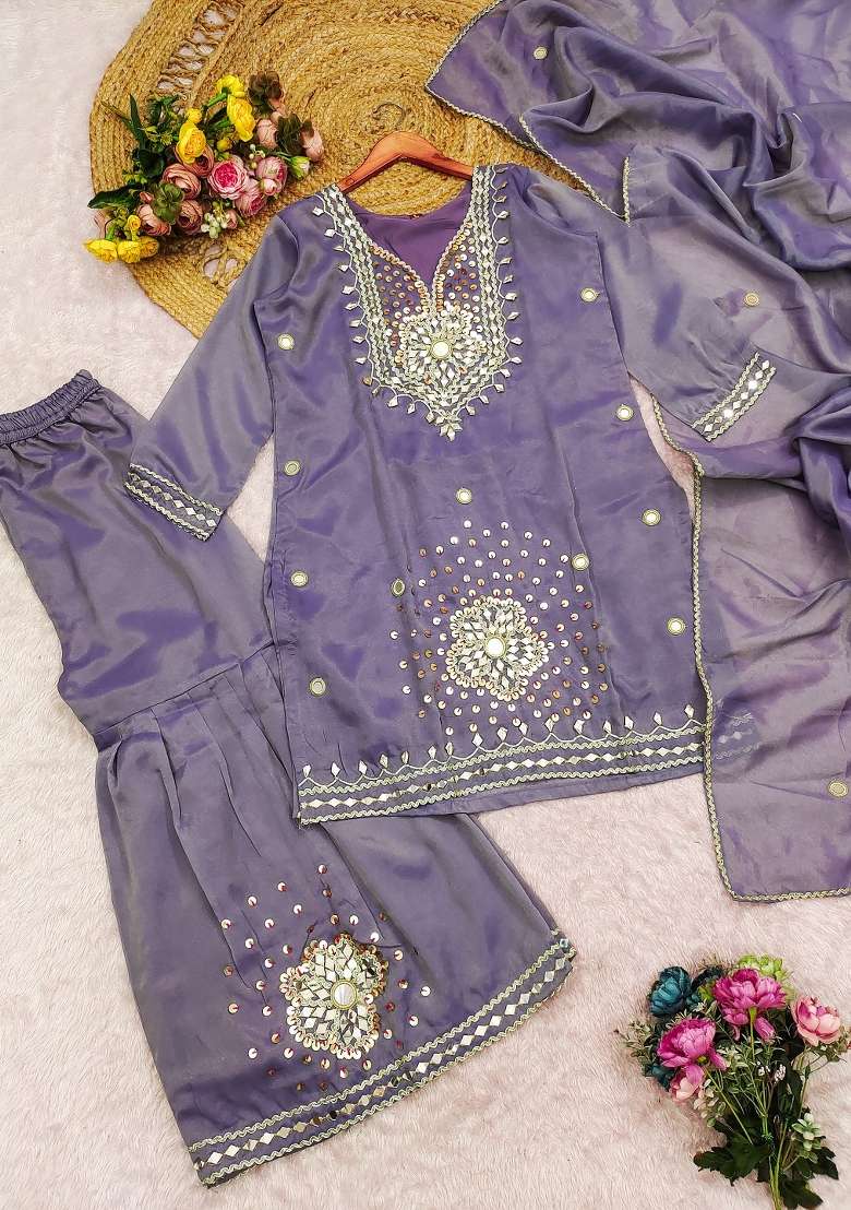 Lavender Sequin Work Silk Kurta Set - Indya