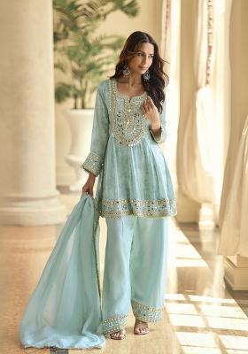 Sky Blue Embroidered Silk Kurta Set