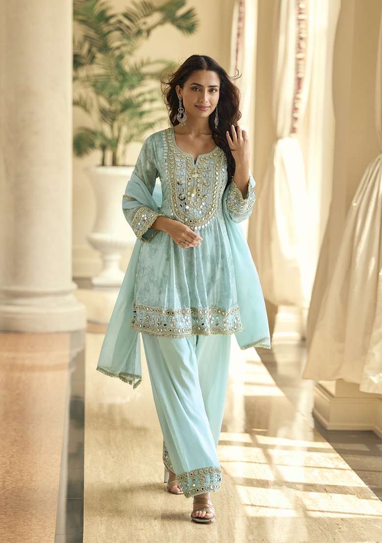 Sky Blue Embroidered Silk Kurta Set - Indya