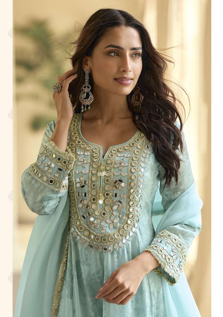 Sky Blue Embroidered Silk Kurta Set - Indya