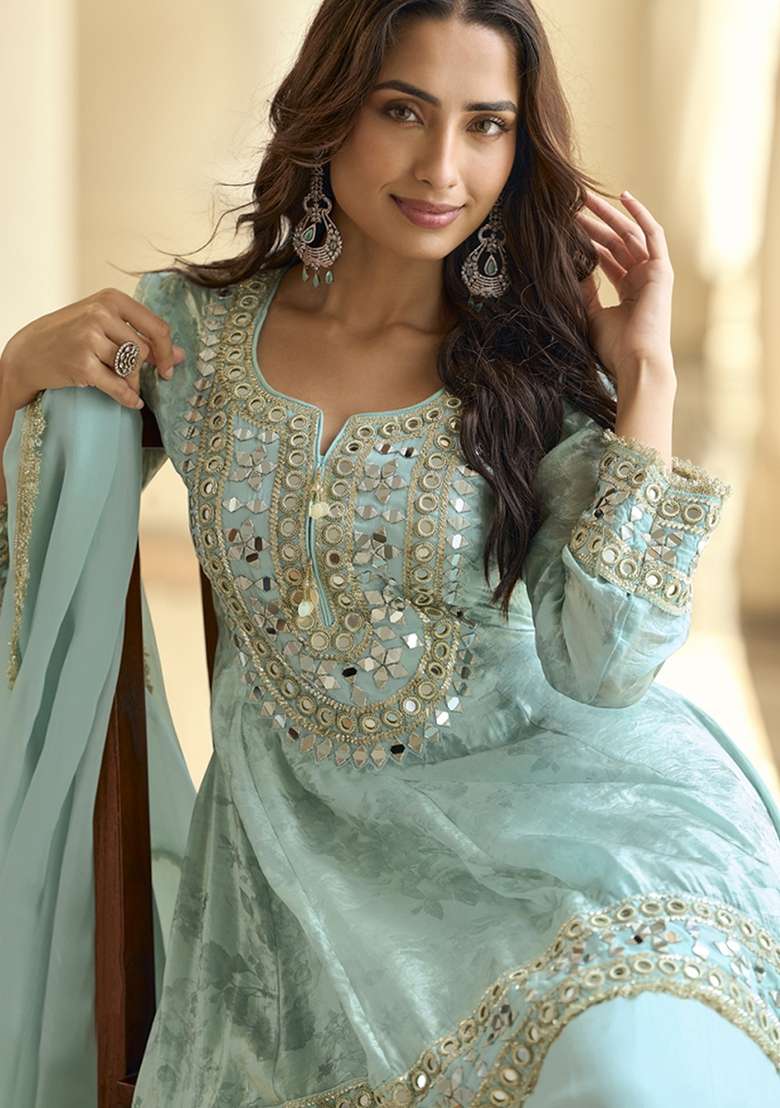 Sky Blue Embroidered Silk Kurta Set - Indya