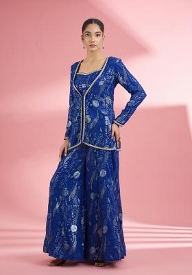 Blue Thread Work Georgette Sharara Set