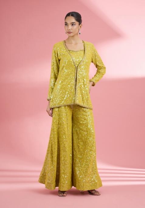 Green Thread Work Georgette Sharara Set