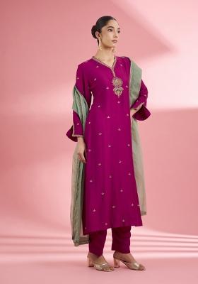Pink Zari Work Silk Kurta Set