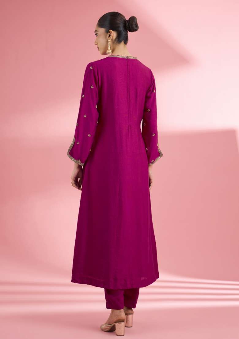 Pink Zari Work Silk Kurta Set - Indya
