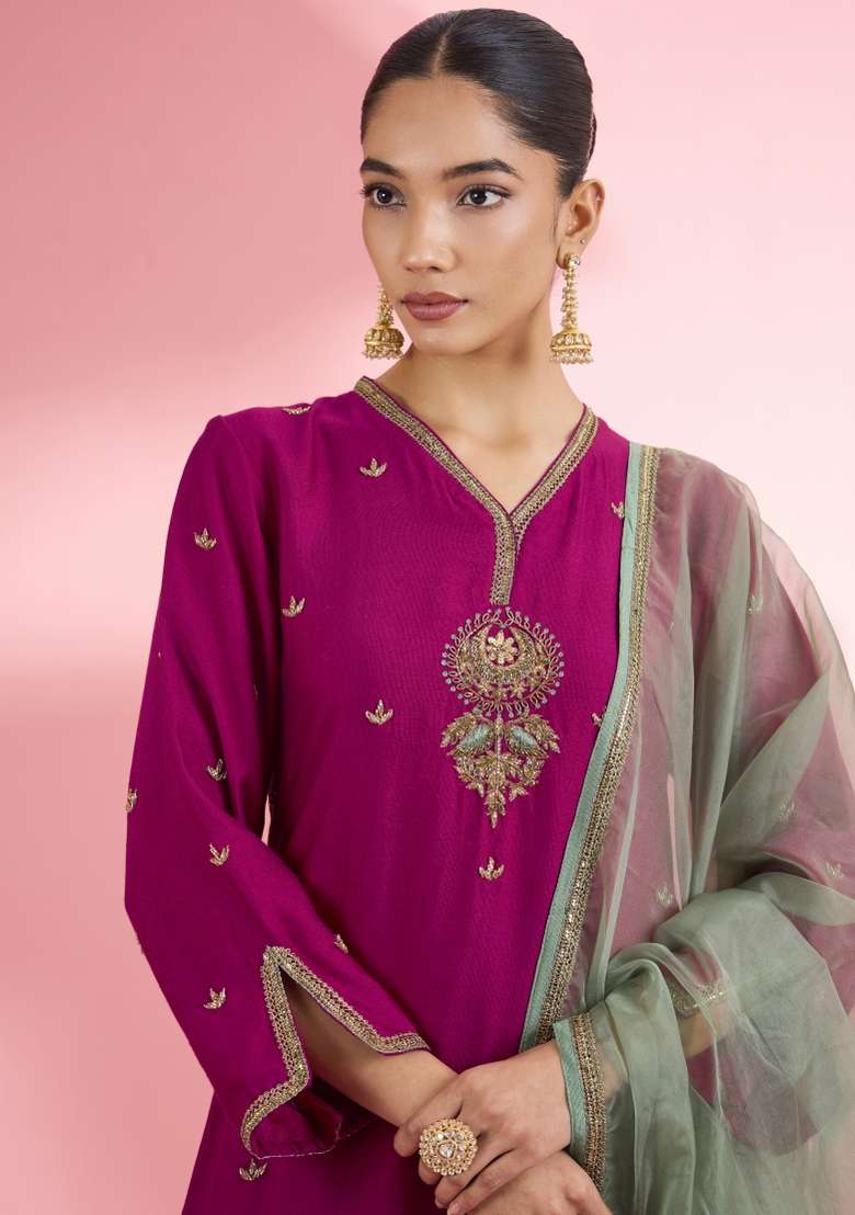Pink Zari Work Silk Kurta Set - Indya