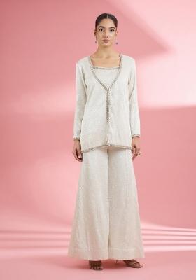 Off White Thread Work Georgette Sharara Set