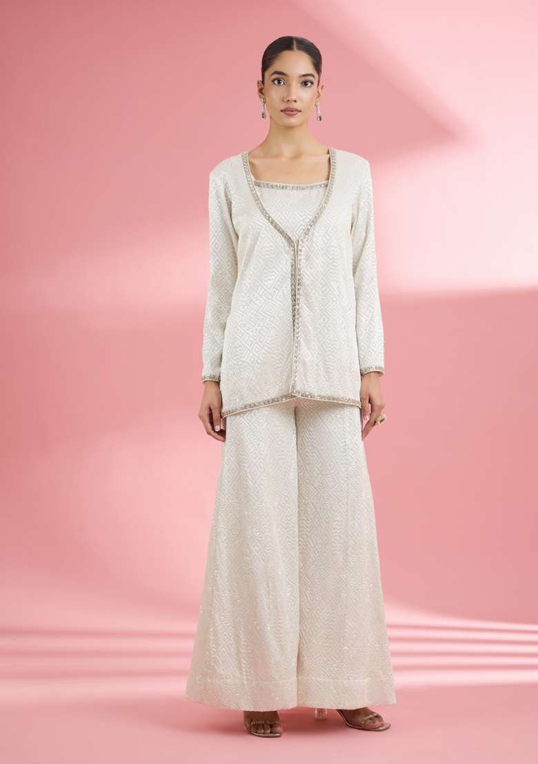 Off White Thread Work Georgette Sharara Set - Indya