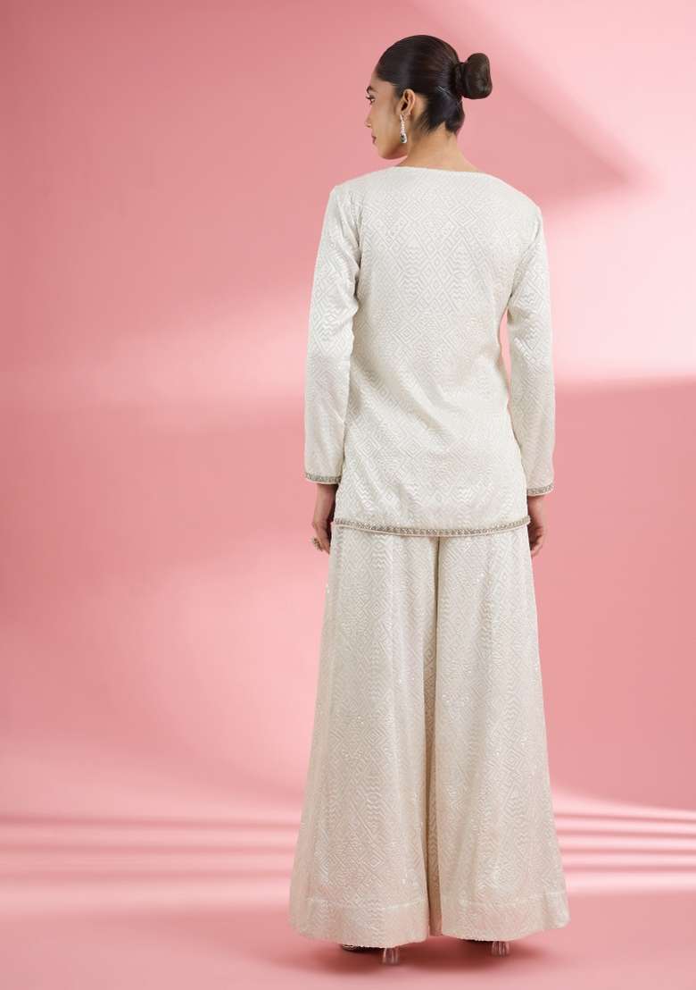 Off White Thread Work Georgette Sharara Set - Indya
