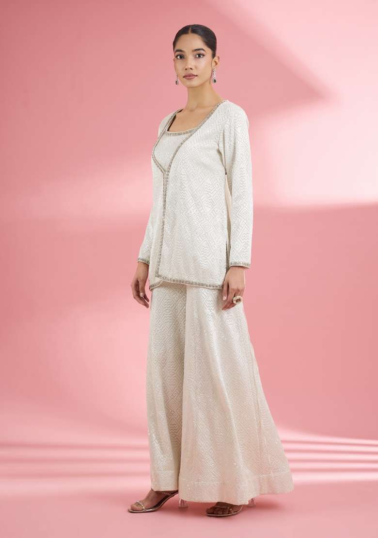 Off White Thread Work Georgette Sharara Set - Indya