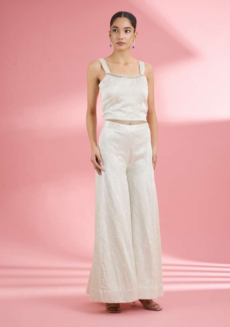 Off White Thread Work Georgette Sharara Set - Indya