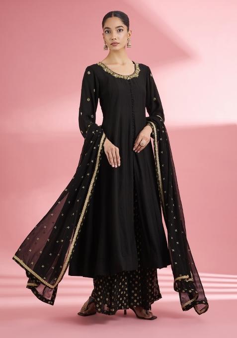 Black Sequin Work Silk Sharara Set
