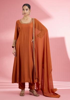 Rust Sequin Work Silk Kurta Set