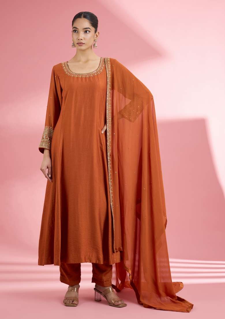 Rust Sequin Work Silk Kurta Set - Indya