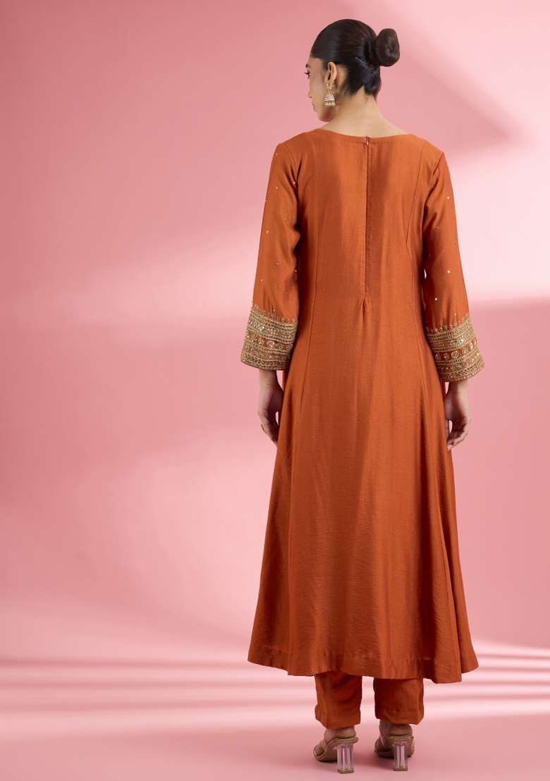 Rust Sequin Work Silk Kurta Set - Indya