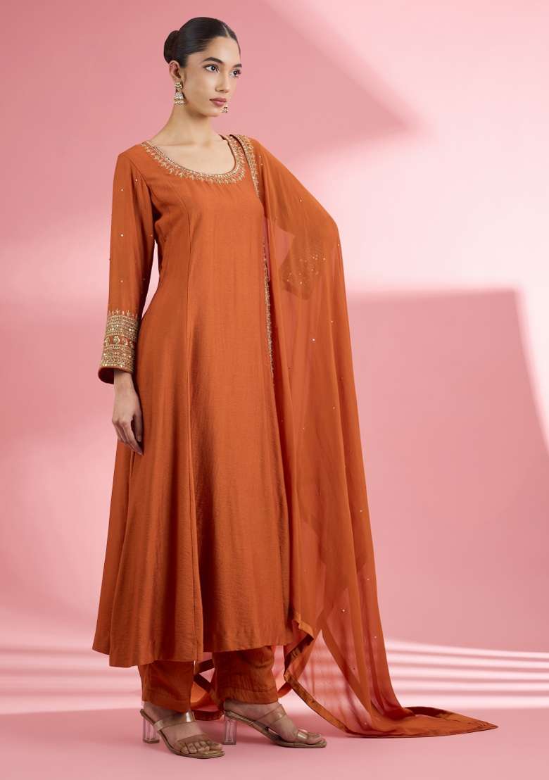 Rust Sequin Work Silk Kurta Set - Indya