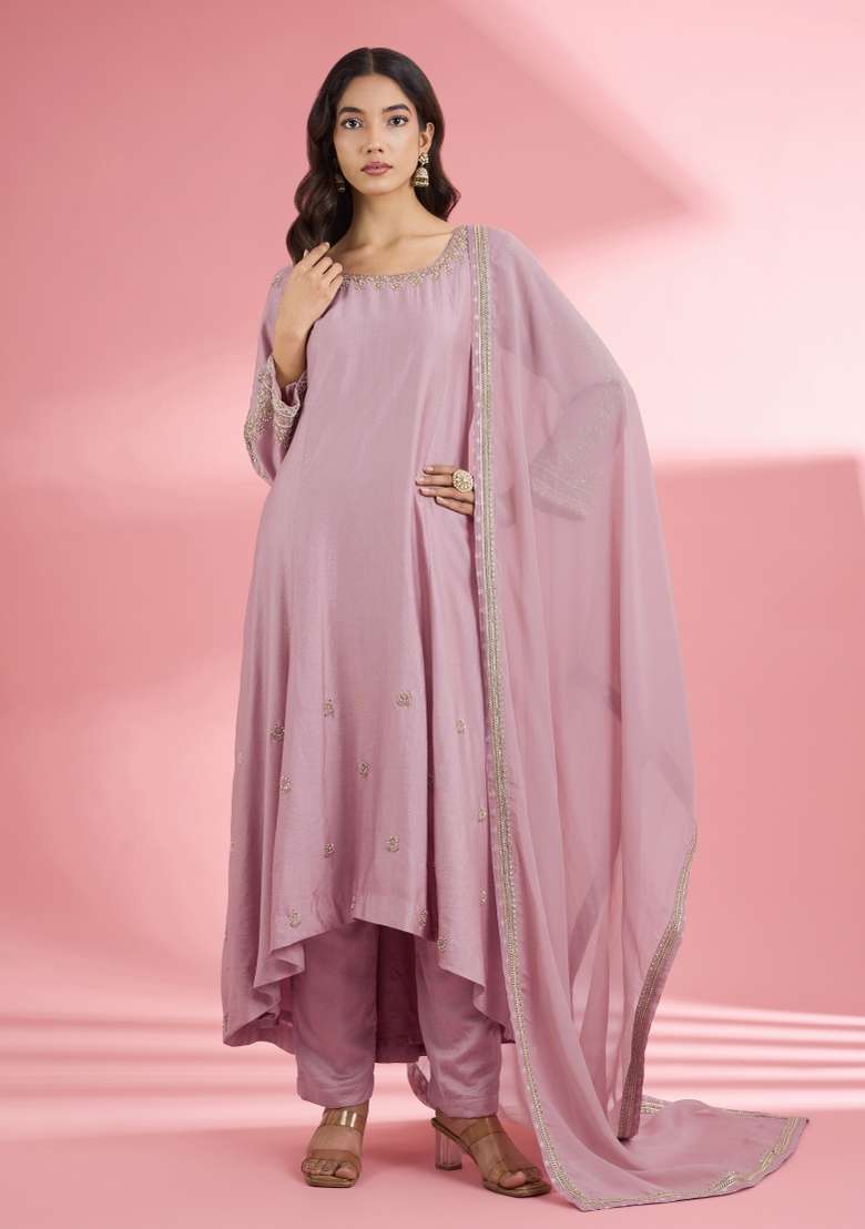 Pink Zari Work Silk Kurta Set - Indya
