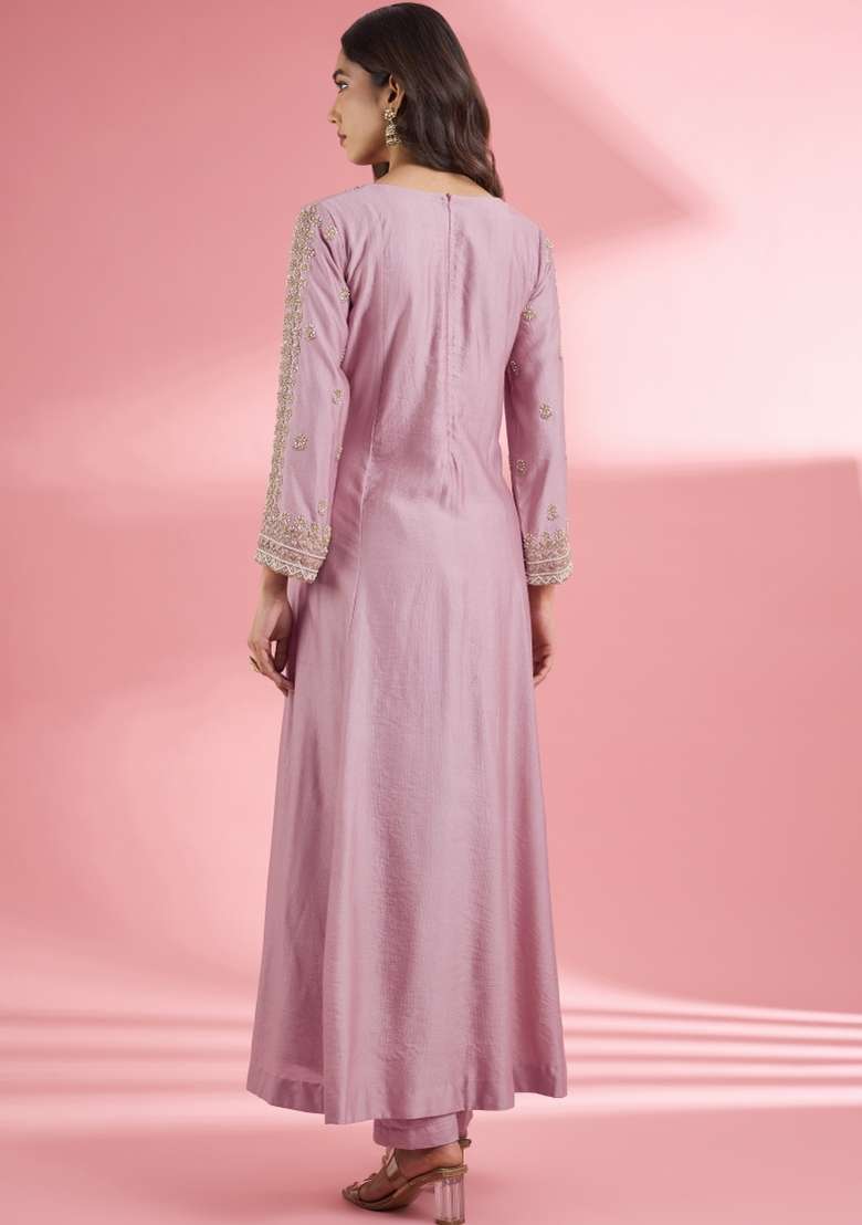 Pink Zari Work Silk Kurta Set - Indya