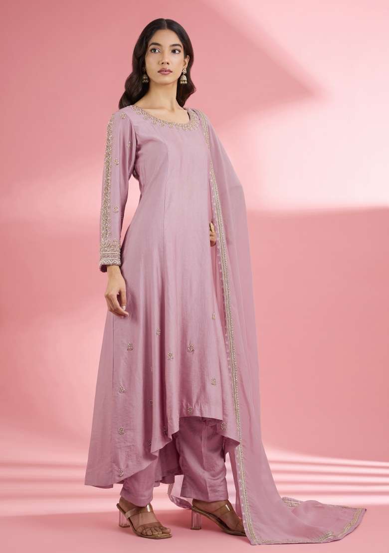 Pink Zari Work Silk Kurta Set - Indya