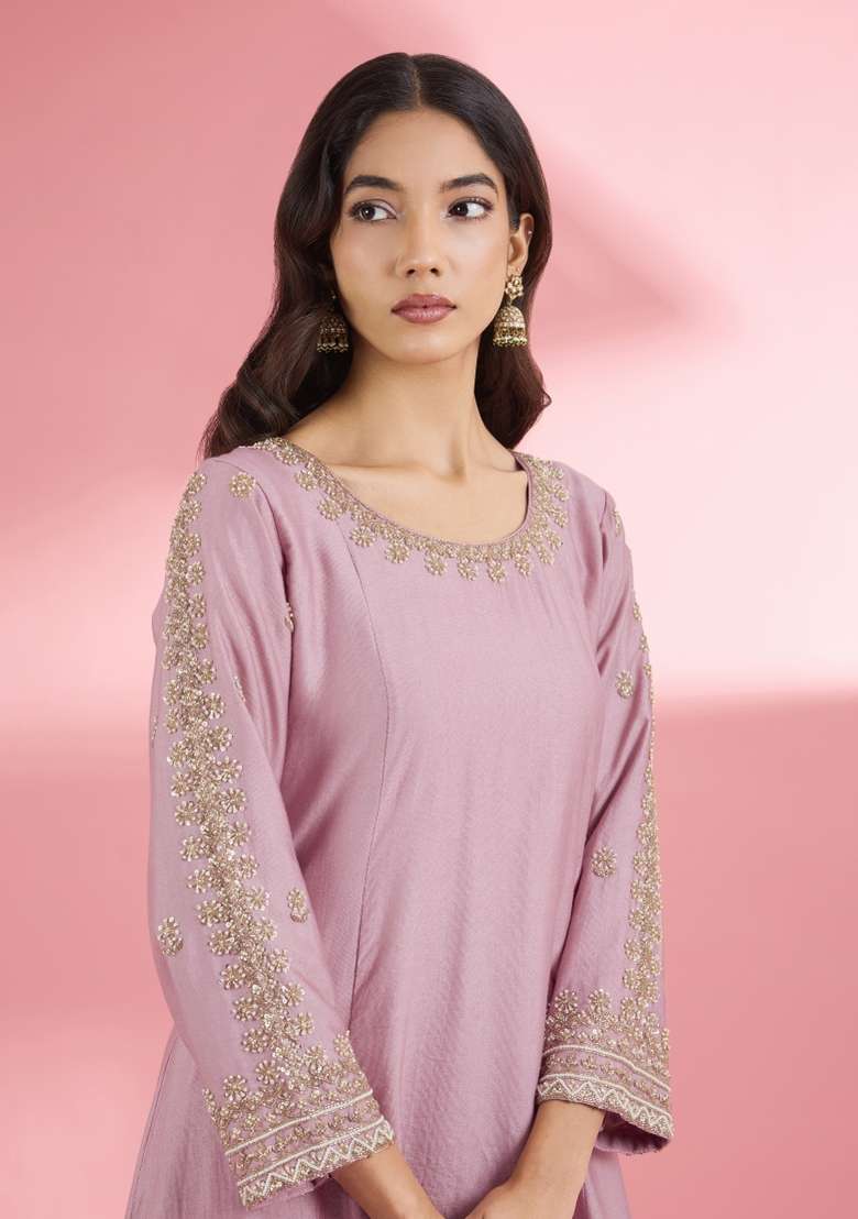 Pink Zari Work Silk Kurta Set - Indya