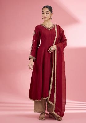 Maroon Zari Work Silk Kurta Set