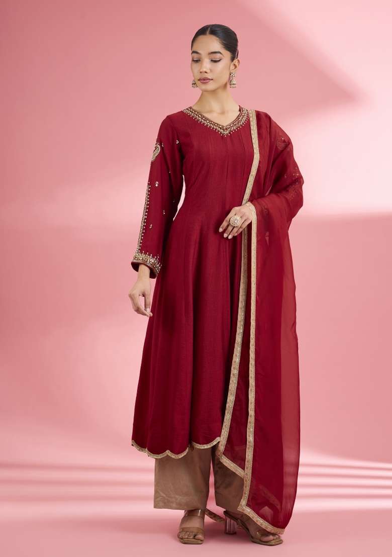 Maroon Zari Work Silk Kurta Set - Indya