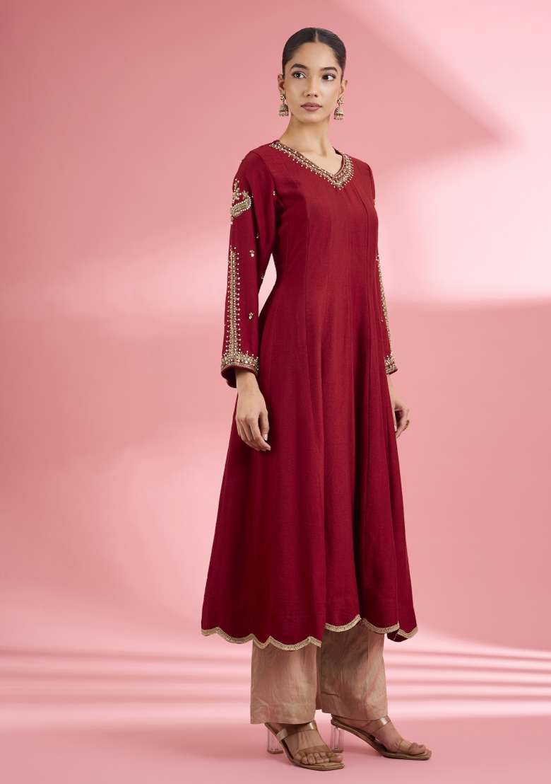 Maroon Zari Work Silk Kurta Set - Indya