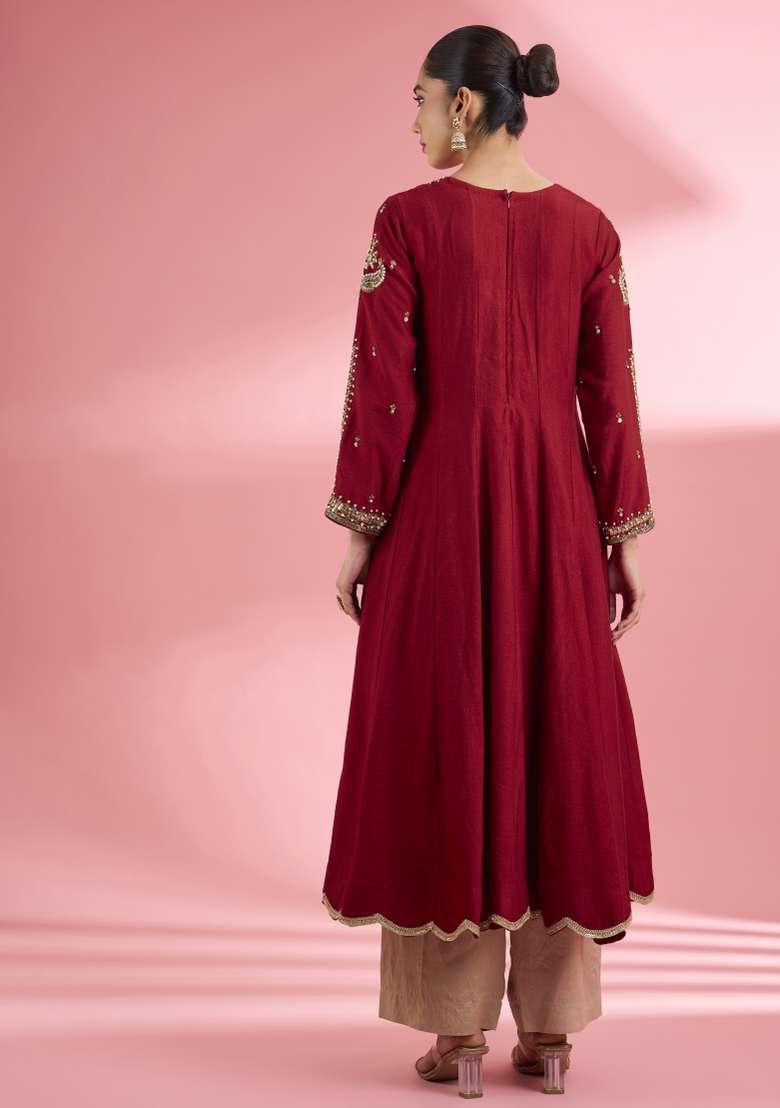 Maroon Zari Work Silk Kurta Set - Indya