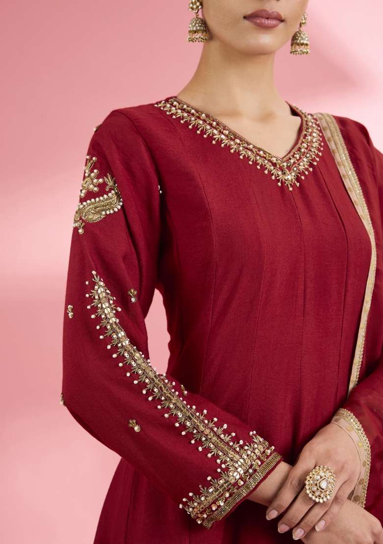 Maroon Zari Work Silk Kurta Set - Indya