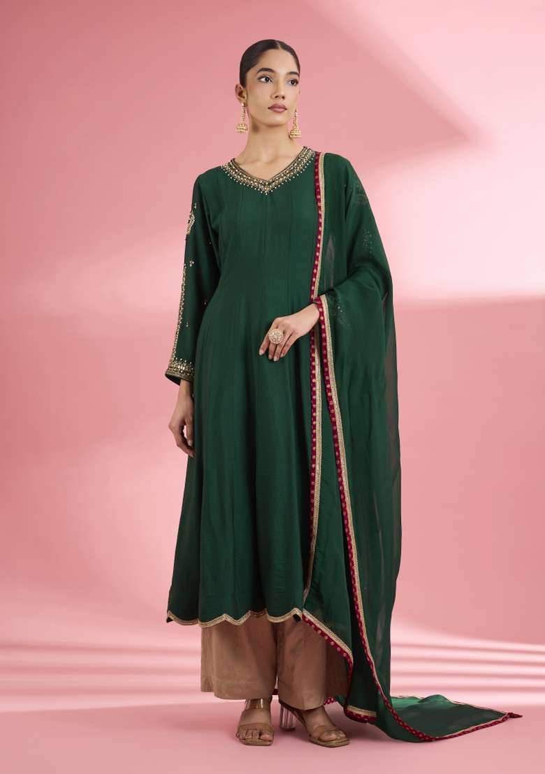 Green Zari Work Silk Kurta Set - Indya