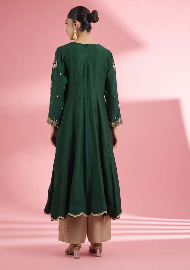 Green Zari Work Silk Kurta Set - Indya