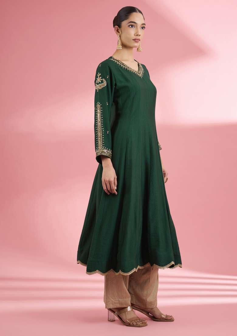 Green Zari Work Silk Kurta Set - Indya