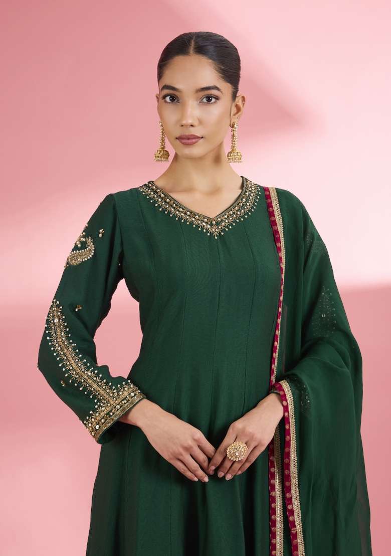 Green Zari Work Silk Kurta Set - Indya