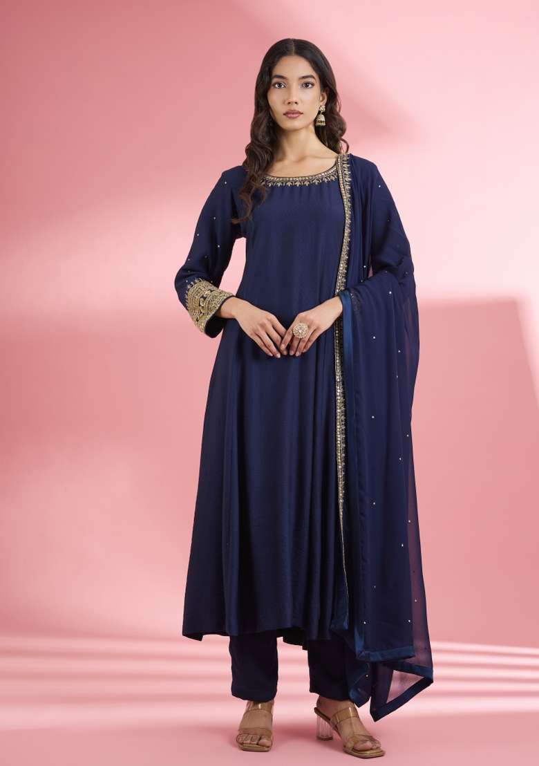 Blue Sequin Work Silk Kurta Set - Indya