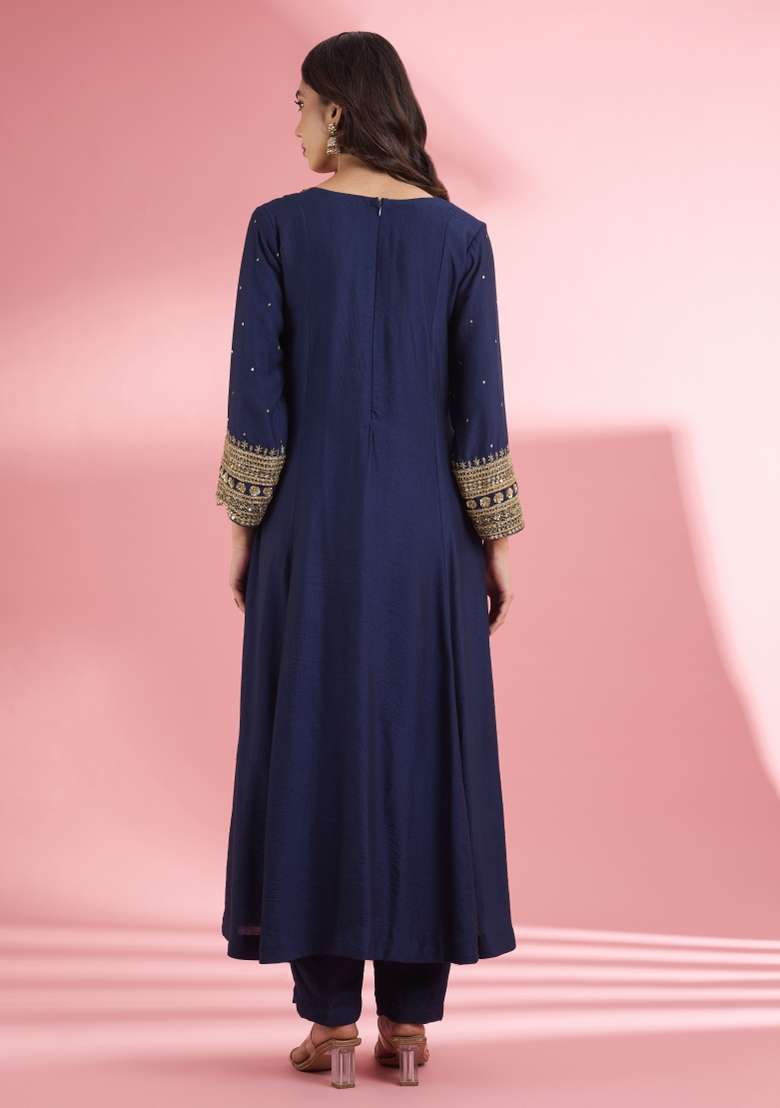 Blue Sequin Work Silk Kurta Set - Indya