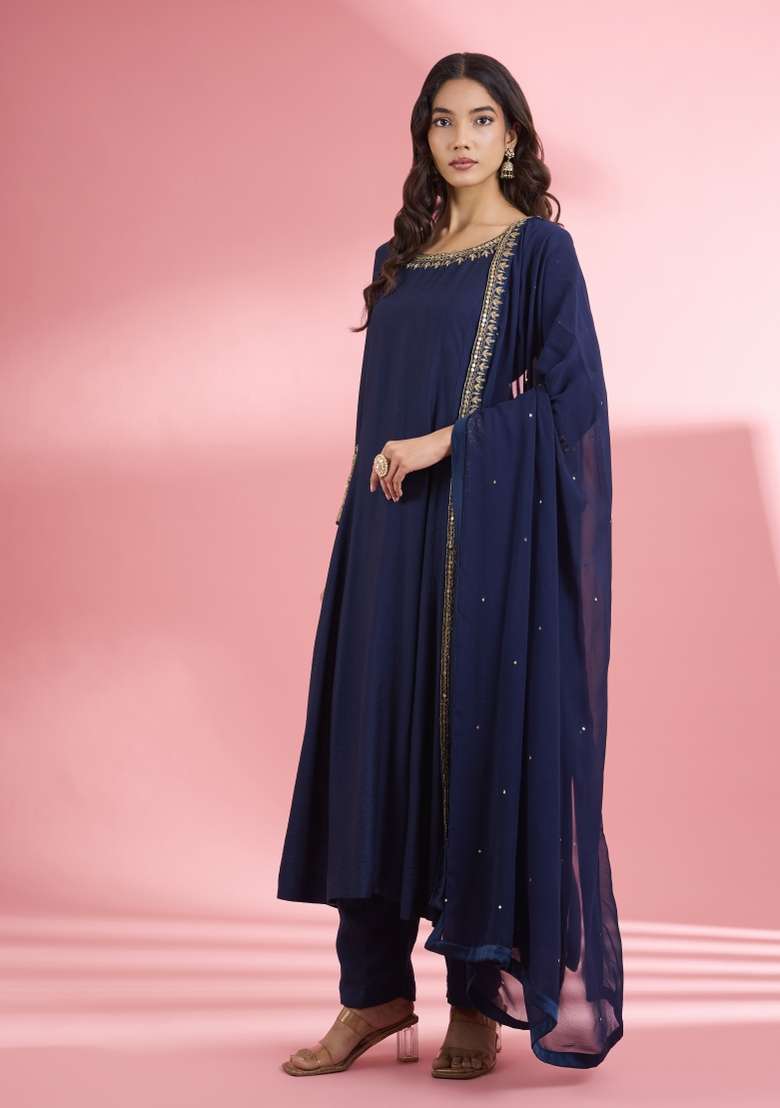 Blue Sequin Work Silk Kurta Set - Indya