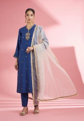 Blue Zari Work Silk Kurta Set