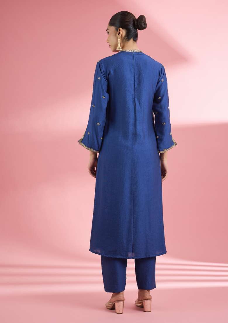 Blue Zari Work Silk Kurta Set - Indya