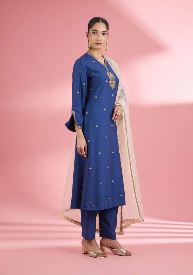 Blue Zari Work Silk Kurta Set - Indya