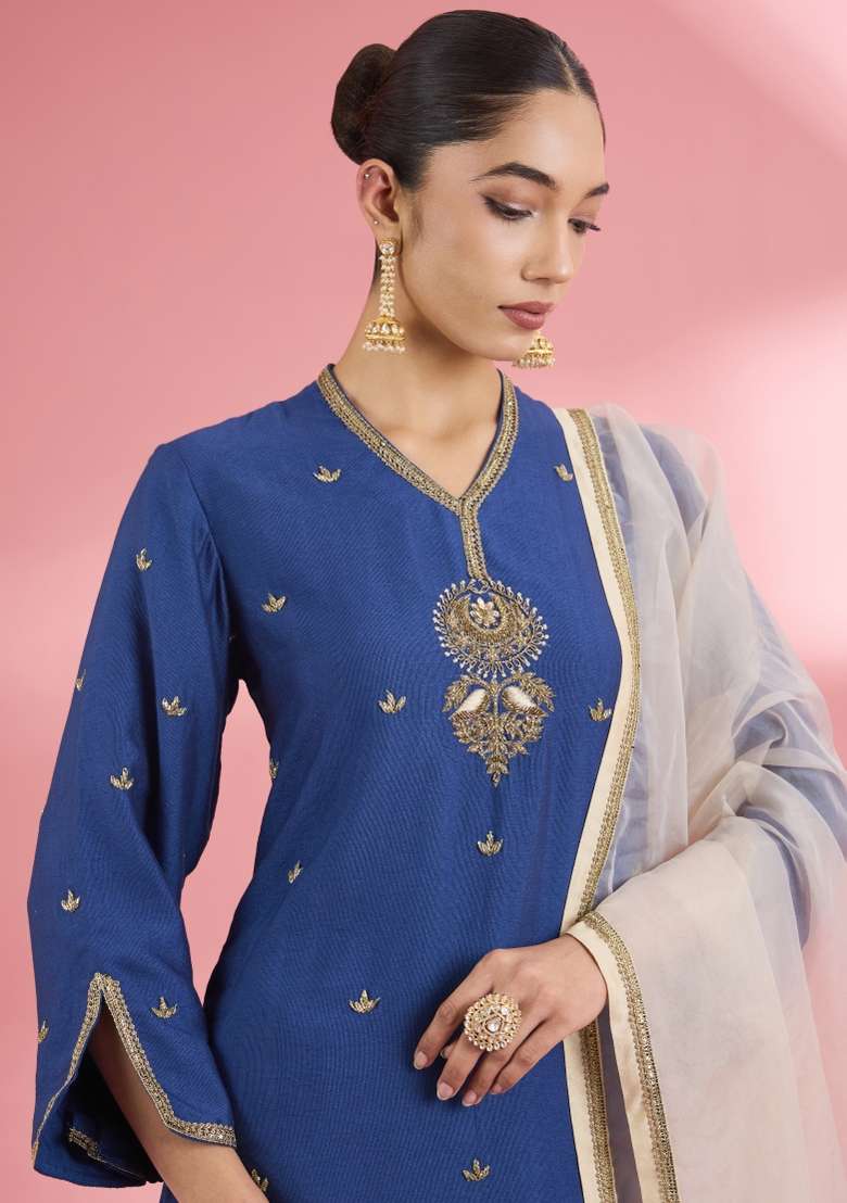 Blue Zari Work Silk Kurta Set - Indya